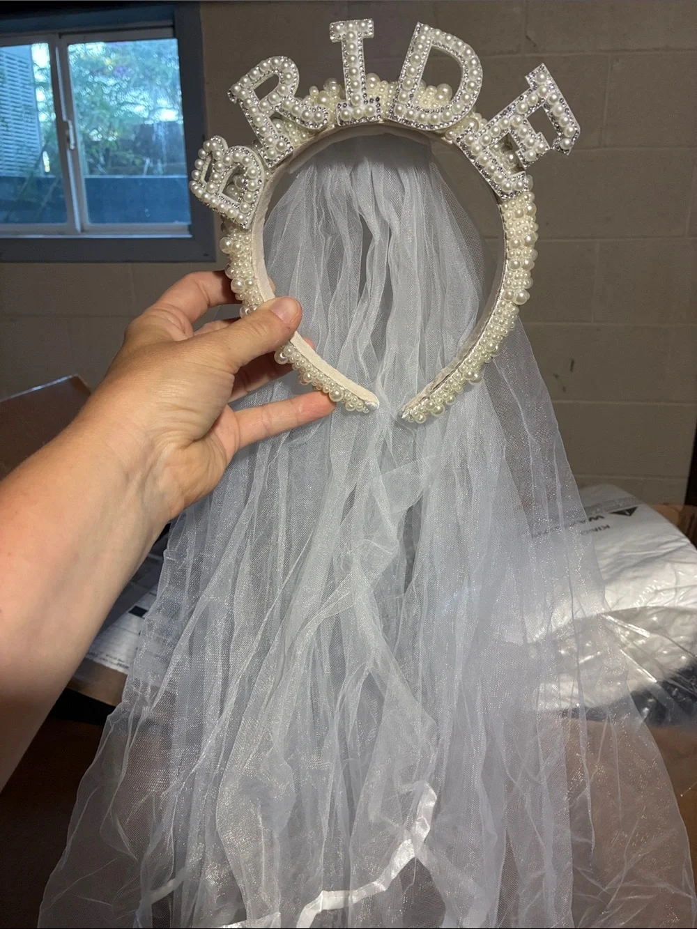 Pearl 'BRIDE' Headband with White Veil